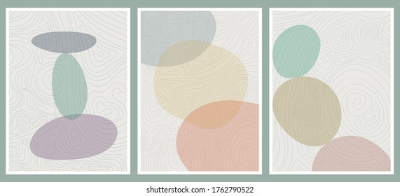 Vector illustration. Abstract flat shapes. Design for book cover, poster, brochure, magazine. Concept of stone balancing. Vintage style. Old fashion. Retro wallpaper style