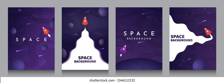Vector illustration in abstract flat style. Minimalistic color space. Space exploration concept. A4 posters with copy space for text. Set of violet backgrounds. Creative dark wallpaper.  Modern design
