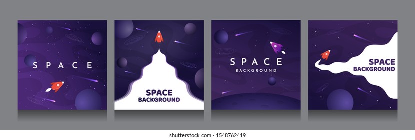 Vector illustration in abstract flat style. Minimalistic color space. Space exploration concept. Posters with copy space for text. Set of violet backgrounds. Square social media templates
