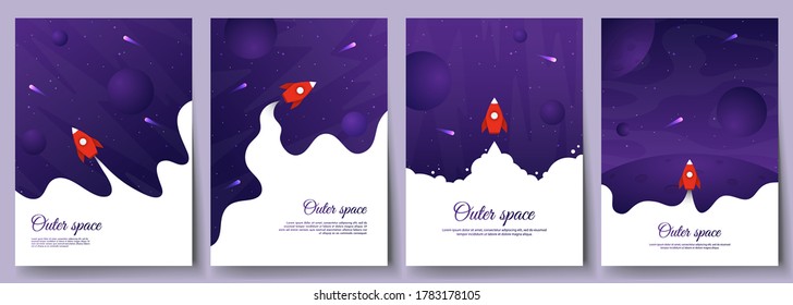 Vector illustration in abstract flat style. Minimalistic color space. Space exploration concept. A4 posters with copy space for text. Set of violet backgrounds. Creative dark wallpaper. Modern design