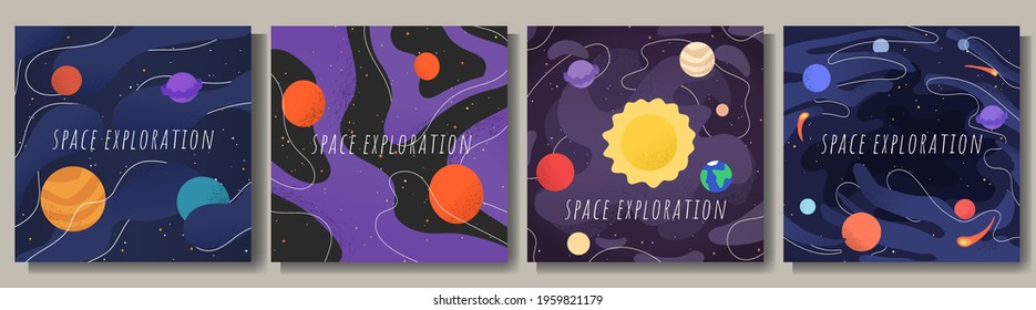 Vector illustration in abstract flat style. Minimalistic color space. Space exploration concept. Design for social media template. Set of violet backgrounds. Creative dark wallpaper. Modern design