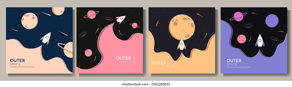 Vector illustration in abstract flat style. Minimalist color backgrounds collection. Space exploration concept. Saturn, Jupiter, Mars planets. Creative dark wallpaper. Modern design for social media