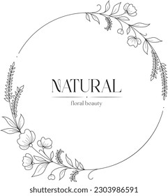 Vector illustration of abstract floral frame; The minimalist postcard with flowers, branches and leafs in circle shape