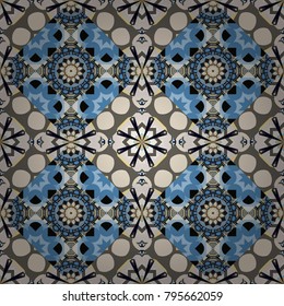 Vector illustration. Abstract floral ornament in Arabic style. Intersecting curved elegant stylized leaves and scrolls forming in blue, black and beige colors. Vintage abstract floral seamless pattern