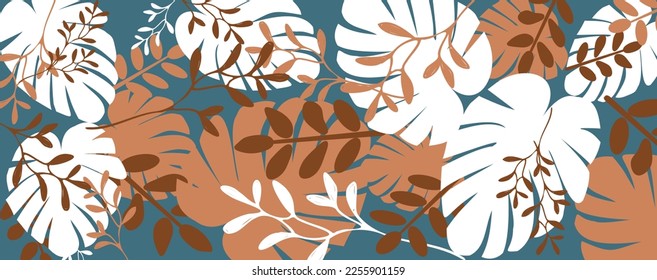 Vector illustration abstract floral tropical background, brown green muted color palette.