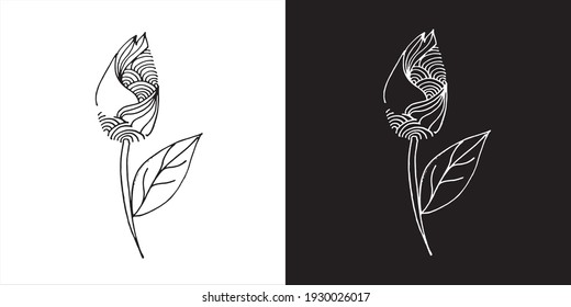 Vector Illustration of Abstract Flower Nature Line Art Design in Black and White Background