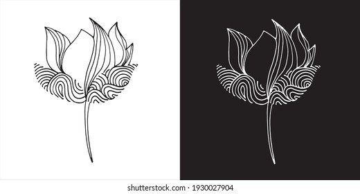 Ilustración vectorial del diseño de arte de la línea natural de las flores abstractas en fondo blanco y negro