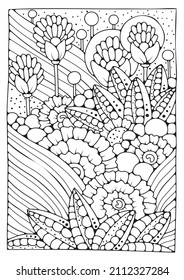 Vector illustration with abstract flowers for coloring. Art therapy for children and adults. Flower coloring page.