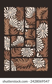 Vector illustration with abstract flowers and leaves composition isolated on brown background. Design for greeting card, poster, t-shirt print, invitation template, banner, flyer