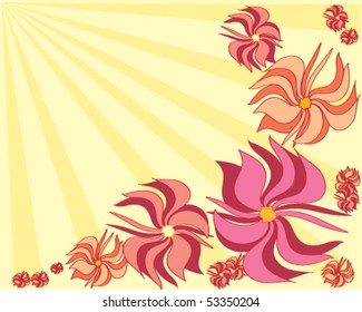 vector illustration of abstract flowers in pink orange and red on a yellow sunburst background