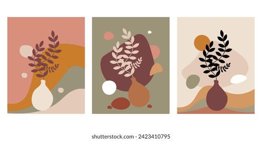 Vector illustration. Abstract flowers. Flowers in a vase. Boho flowers. Design for posters, cards, banners, covers. Collection of designs.