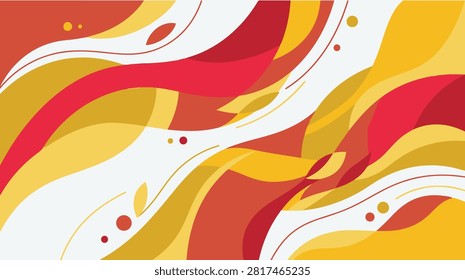Vector illustration of an abstract flowing wave background with dynamic curved shapes in red, orange, yellow, and white. Perfect for modern banners, presentations, posters, web design, branding, wallp