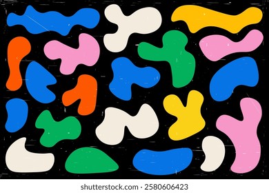 Vector illustration. Abstract fluid shapes, bright colors and dynamic composition. Groovy aesthetic background. Simple liquid drawn blots with soft grunge texture layer. Cute design for banner