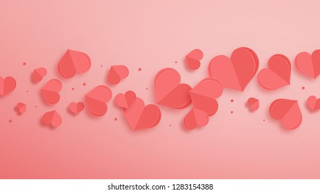 Vector illustration of abstract flying paper cut hearts over pink background for your poster, banner, postcard, invitation or greeting card design