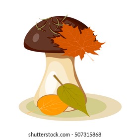 Vector illustration of abstract forest mushroom with a brown hat and a white stem on a white background. Cartoon style edible mushroom from pine needles and leaves. Seasonal mushroom picking
