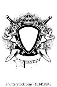 Vector illustration of abstract frame with crown, crossed swords, heraldic lions and an ornament