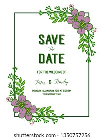 Vector illustration abstract frame flower purple and leaf green for lettering save the date hand drawn