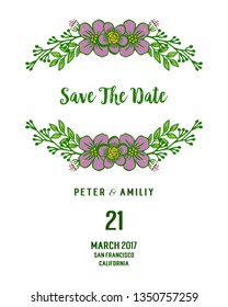 Vector illustration abstract frame flower purple and leaf green for lettering save the date hand drawn