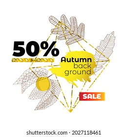Vector illustration with abstract frame on theme of autumn. Seasonal fallen sceletazed leaves with abstract golden geometric forms, percent are depicted. Design advertisements, banners, flyers, etc.