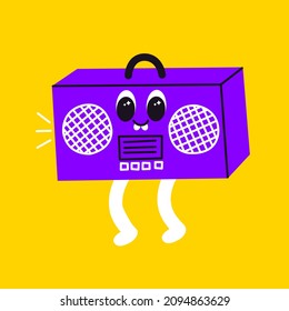 Vector illustration of abstract funny boombox character. Contemporary comic doodle radio smiling. Colorful retro cassette player for print, poster, card, collage design