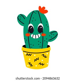 Vector illustration of abstract funny cactus character. Contemporary comic doodle face smiling. Colorful retro plant in a pot for print, poster, card, collage design