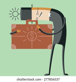 Ilustración vectorial de caracteres divertidos abstractos. Un hombre de negocios codicioso sostiene un maletín con dinero
