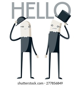 Vector illustration of abstract funny characters. Two  polite businessmen say hello each other
