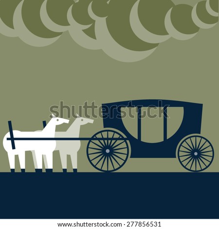 Vector illustration of abstract funny characters. Two strange horses behind the 	
carriage
