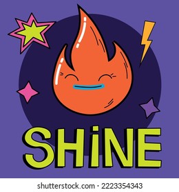 Ilustración vectorial del personaje de fuego divertido abstracto. El doodle de historietas contemporáneas sonriente. Elemento retro colorido de la llama para impresión, afiche, tarjeta, diseño de collage Síndrome de BPA de texto brillante