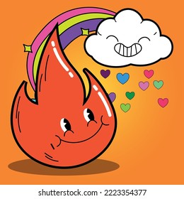 Vector illustration of abstract funny fire character and cloud. Contemporary comic doodle face smiling. Colorful retro element of flame for print, poster, card EPS