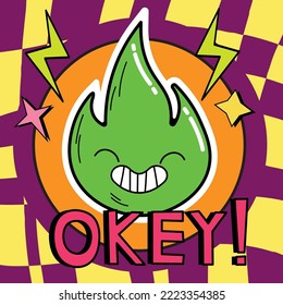 Vector illustration of abstract funny fire character. Contemporary comic doodle face smiling. Colorful retro element of flame for print, poster, card, collage design Okey text EPS