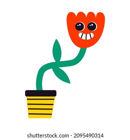Vector illustration of abstract funny flower character. Contemporary comic doodle face smiling. Colorful retro element of plant in a pot for print, poster, card, collage design