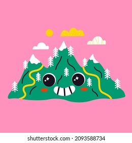 Vector illustration of abstract funny mountain character. Contemporary comic doodle face smiling. Colorful retro element of landscape with hills for print, poster, card, collage design