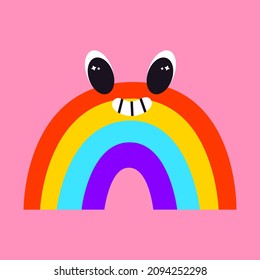 Vector illustration of abstract funny rainbow character. Contemporary comic doodle face smiling. Colorful psychedelic element for print, poster, card, collage design
