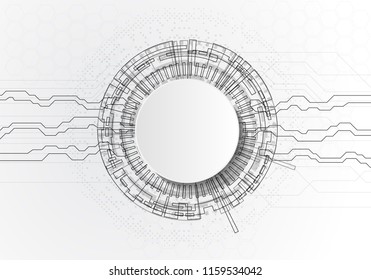 Vector illustration Abstract futuristic circuit board and Cricle, hi-tech computer digital technology concept, Blank white 3d paper circle for your design on light gray color background