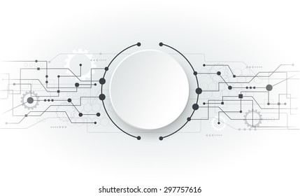 Vector illustration Abstract futuristic circuit board, hi-tech computer digital technology concept, Blank white 3d paper circle for your design on light gray color background 