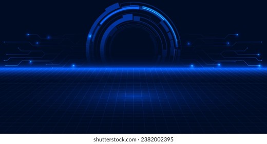 Vector illustration of abstract futuristic digital tunnel head up display for hi tech technology background with digital circuits network and glowing line.Future digital technology concept.