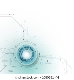 Vector illustration Abstract futuristic eyeball on circuit board, high computer technology. Light green and blue color background