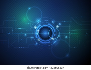 Vector Illustration Abstract Futuristic Eyeball On Circuit Board, High Computer Technology Green And Blue Color Background