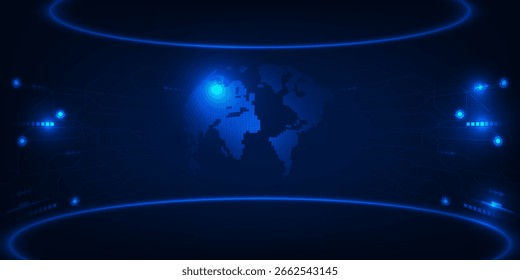 Ilustración vectorial de globo futurista abstracto con escenario de alta tecnología y telón de fondo de curva de línea de circuito digital.
