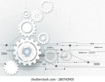 Vector illustration Abstract futuristic,3d white paper gear wheel on circuit board, high computer engineering technology  concept  .Light gray color background with blank space for your design