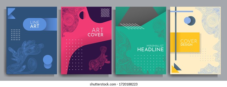 Vector illustration. Abstract geometric background set. Design element for cover, poster, book cover, brochure, headline. Color linear shapes. Line art. Flat concept. Futuristic modern graphic