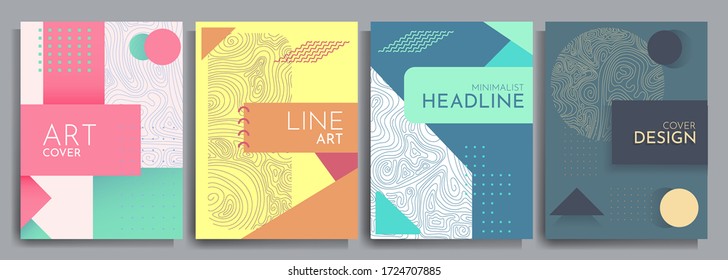 Vector illustration. Abstract geometric background set. Design element for cover, poster, book cover, brochure, headline. Color linear shapes. Line art. Flat concept. Futuristic modern graphic