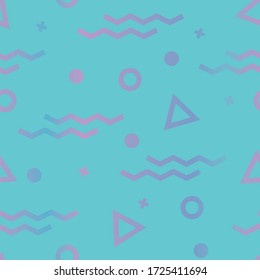 Vector illustration of abstract geometric background with different shapes. Colorful triangles, lines and circles with gradients. Memphis style seamless pattern.