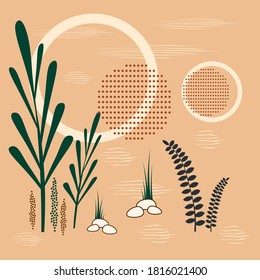 Vector illustration of an abstract geometric background. With circles and branches of plants.	
