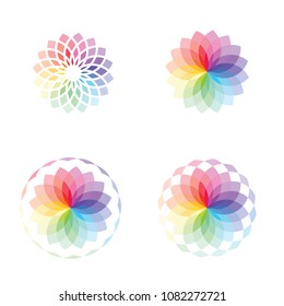 Vector illustration of abstract geometric gradient rainbow color lotus/flower logo texture.