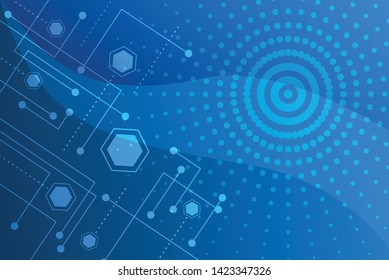 Vector illustration of abstract geometric with light on dark blue background. The concept vector technology with light line elements, dots, lines dotted, hexagon and circuit boards dots in corner. 