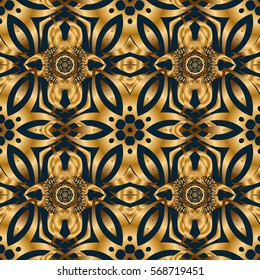 Vector illustration. Abstract geometric modern background. Blue and gold seamless pattern. Polka dots, confetti. Art deco style. Shiny backdrop. Texture of gold foil.