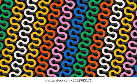 Vector illustration. Abstract geometric pattern with wavy shapes in bold colors. Contemporary dynamic design for branding, wallpaper, website template, web banner. Fabric vintage minimalist style