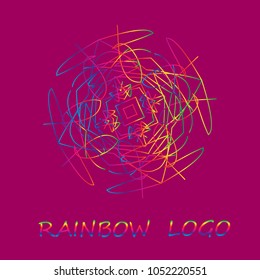 Vector illustration of an abstract geometric rainbow symmetrical logo on a purple background.